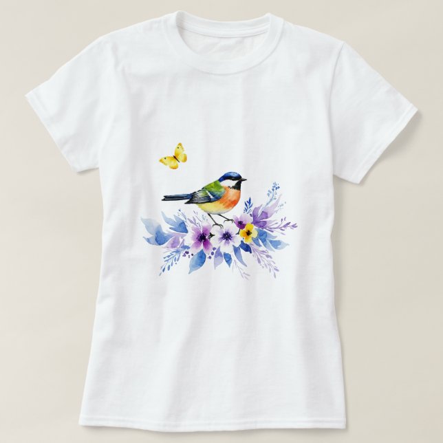 Camiseta Pássaro sobre flores (Frente do Design)