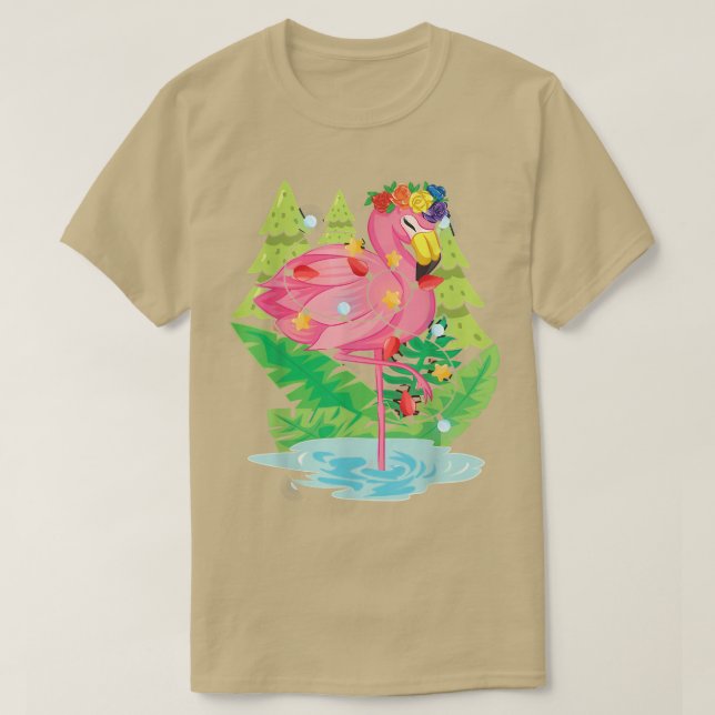 Camiseta Pássaro Tropical Flamingo Xmas Luz de Natal (Frente do Design)