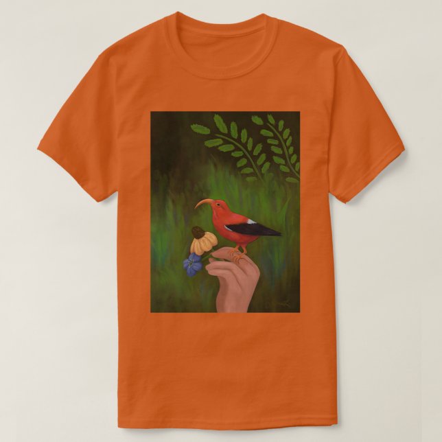 Camiseta Pássaro Vermelho e flores na Mão Ninfônica Iiwi Ha (Frente do Design)