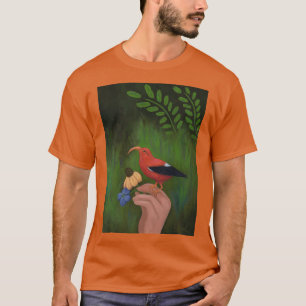 Camiseta Pássaro Vermelho e flores na Mão Ninfônica Iiwi Ha