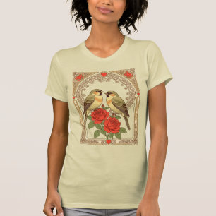 Camiseta Pássaros Afetuosos e Rosas Vermelhas Art Nouveau