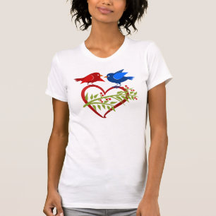 Camiseta Pássaros Apaixonados Azul e Vermelho com Coração