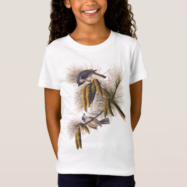 Camiseta Pássaros Audubon com Titmouse Detido com Pinecones (Frente)