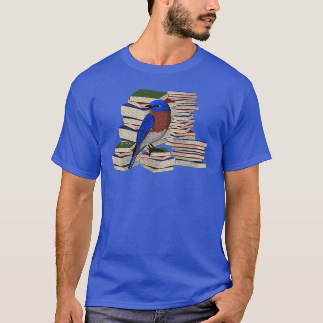Camiseta Pássaros-azuis e livros lendo pássaros assistindo  (Frente)