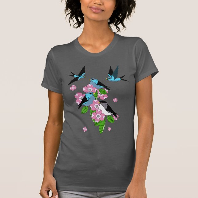 Camiseta Pássaros azuis, flores primavera, para a frente e  (Frente)