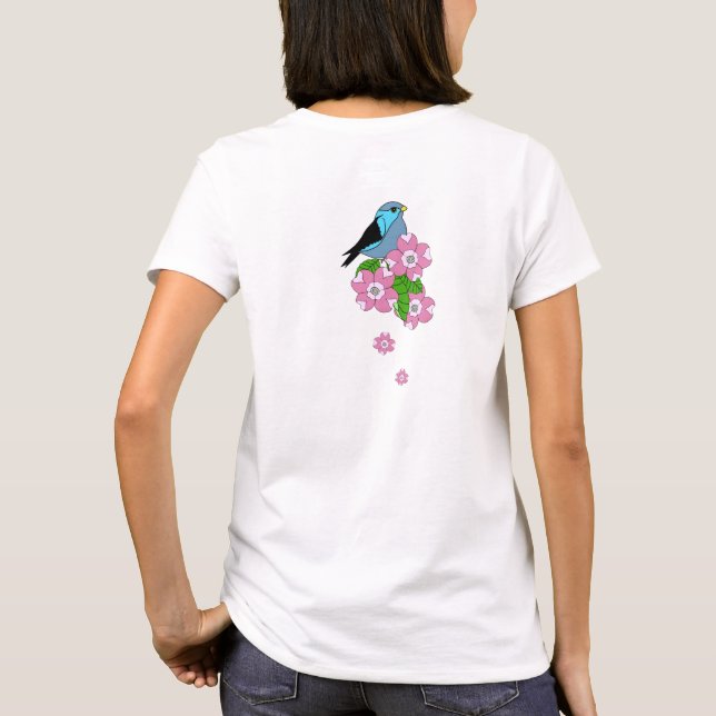 Camiseta Pássaros azuis, flores primavera, para a frente e  (Verso)