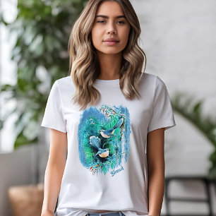 Camiseta Pássaros Azuis Invernos Pintura Com Texto