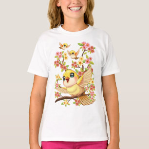 Camiseta Pássaros bonitos e felizes entre as flores da prim