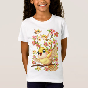 Camiseta Pássaros bonitos e felizes entre as flores da prim