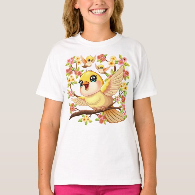 Camiseta Pássaros bonitos e felizes entre as flores da prim (Frente)