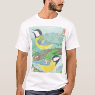 Camiseta Pássaros cantando em um galho de árvore florescent
