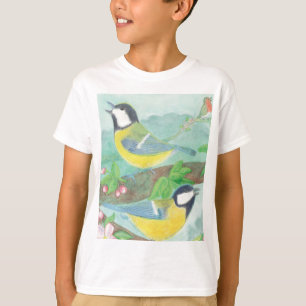 Camiseta Pássaros cantando em um galho de árvore florescent