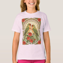 Camiseta Pássaros Cantores e Rosas Vermelhas Ilustração Art
