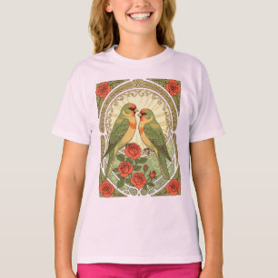 Camiseta Pássaros Cantores e Rosas Vermelhas Ilustração Art