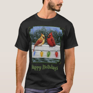 Camiseta Pássaros Cardinais De Inverno E Luzes De Natal Fel
