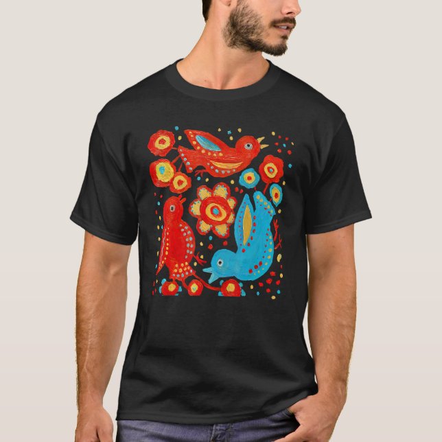 Camiseta Pássaros da Felicidade Ukra.índios Pássaros Flores (Frente)