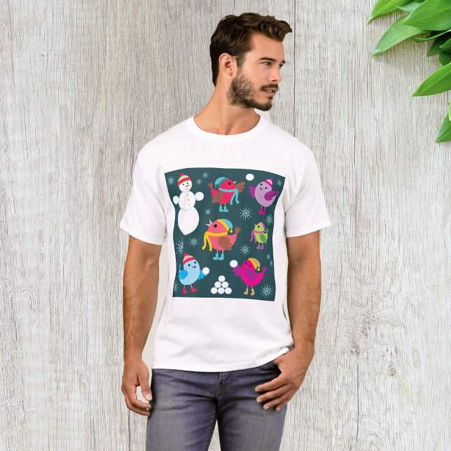 Camiseta Pássaros de inverno brincando em neve com boneco d (Criador carregado)