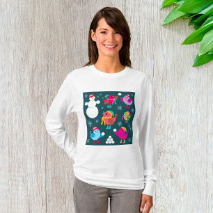Camiseta Pássaros de inverno brincando em neve com boneco d