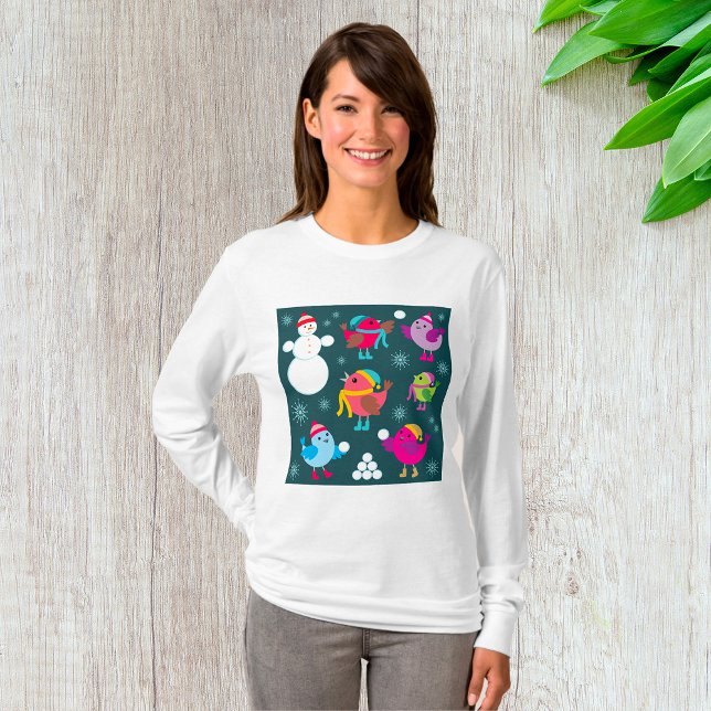 Camiseta Pássaros de inverno brincando em neve com boneco d (Criador carregado)