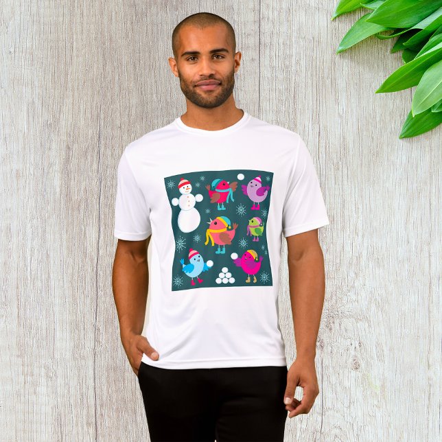 Camiseta Pássaros de inverno brincando em neve com boneco d (Criador carregado)