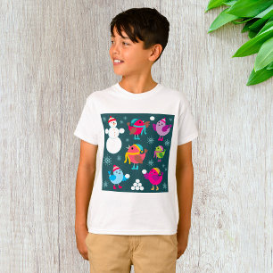 Camiseta Pássaros de Inverno Brincando na Neve com Boneco d
