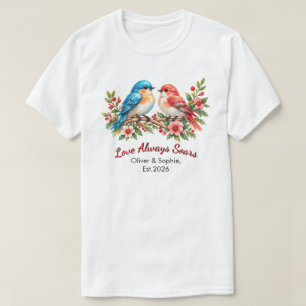 Camiseta Pássaros do Amor Aquarela Casamento Aniversário Pe