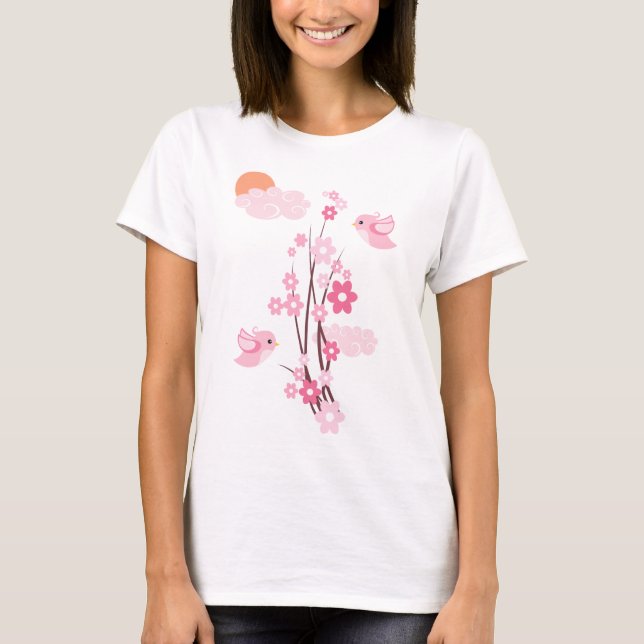 Camiseta Pássaros do amor & flores delicadas (Frente)