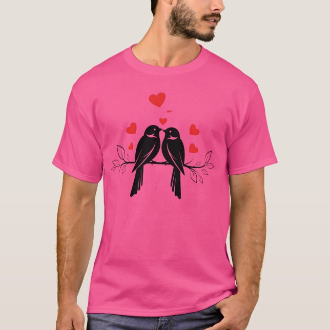 Camiseta Pássaros do Amor Silhueta com Corações Flutuantes  (Frente)
