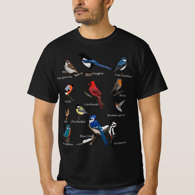 Camiseta Pássaros do Jardim Azul Jay Hummingbird Robin W (Frente)