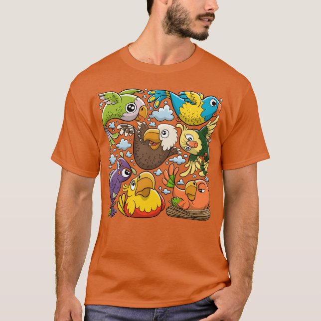 Camiseta Pássaros Doodles Mão Desenhada Amigos (Frente)