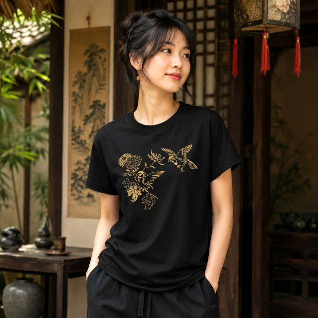 Camiseta Pássaros e Flores Japoneses Cor Personalizável (Criador carregado)