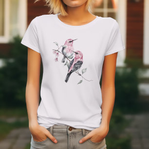 Camiseta Pássaros & Florais Rosa em Aquarela