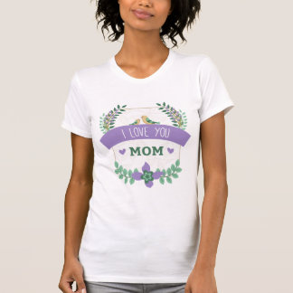 Camiseta Pássaros Modernos Floral Roxo Eu Te Amo Mãe