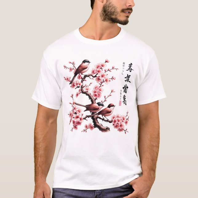 Camiseta Pássaros na Arte Japonesa Cherry Blossom (Frente)