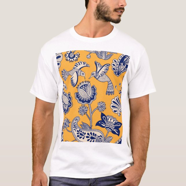 Camiseta Pássaros Paisley Flores Padrão de Vintagem (Frente)
