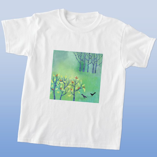 Camiseta Pássaros Verdes Modernos em Pintura em Woodland (Green landscape art t-shirt)
