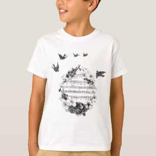 Camiseta Pássaros Voando Folhas Francesas Flores De Música