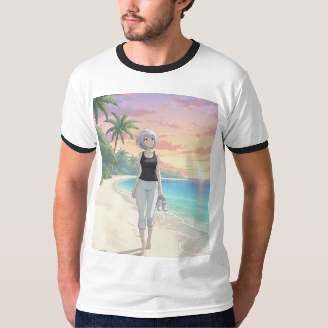 Camiseta Passeio ao Pôr do Sol Descalço – Arte de Praia Tro (Frente)