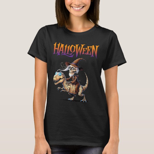 Camiseta Passeio de Esqueleto de T-Rex de Halloween  (Frente)