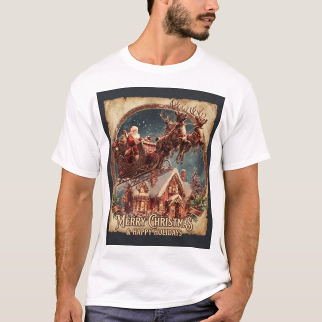 Camiseta Passeio de trenó de Papai Noel, renas voadoras, Na (Frente)