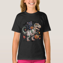 Camiseta Passeio do T-Rex Gato Preto e Múmia de Halloween 