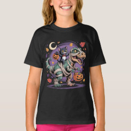 Camiseta Passeio do T-Rex Gato Preto e Múmia de Halloween 