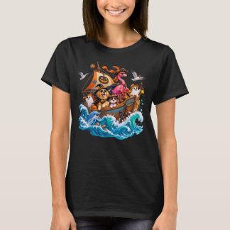 Camiseta Passeios de barco de madeira de flamingo de gato d