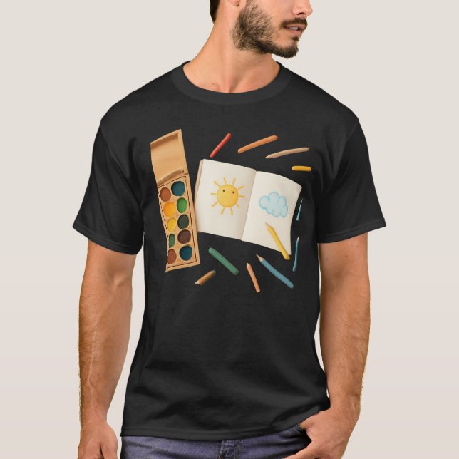 Camiseta Pasta de Artes da Infância Cores de Madeira (Frente)