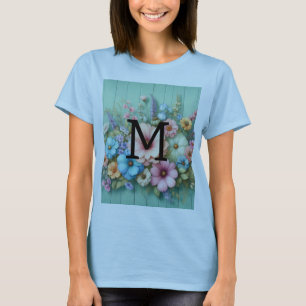 Camiseta Pastas de monograma com aquarela flores em madeira