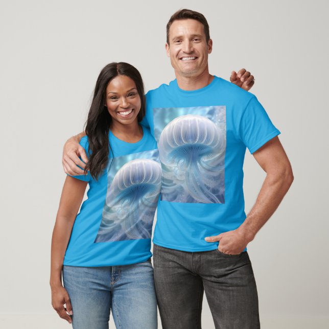 Camiseta Pastel Blue Jellyfish Arte Fractal Sob O Mar, (Unissex)