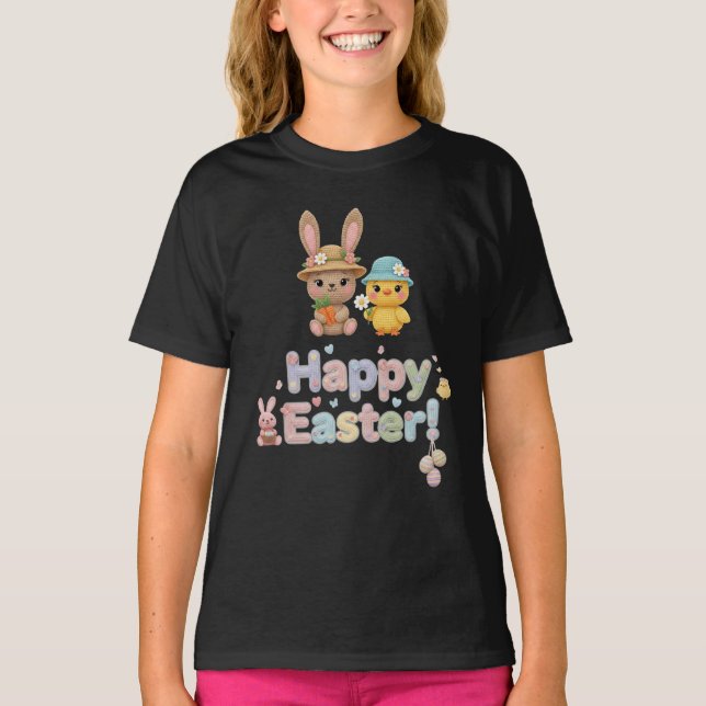 Camiseta Pastel Crochet Happy Easter Bunny & Chick design  (Frente)