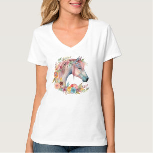 Camiseta Pastel de Boho Horso com Flor de Aquarela