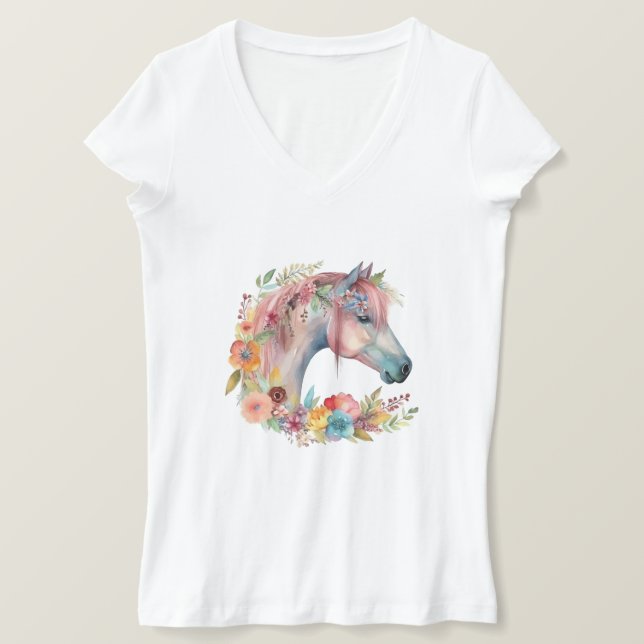 Camiseta Pastel de Boho Horso com Flor de Aquarela (Frente do Design)