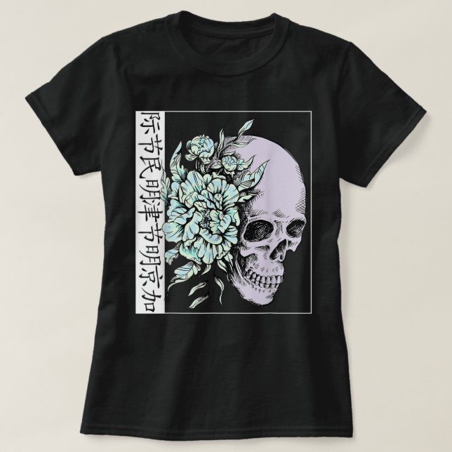Camiseta Pastel Flor I Skull I Arte Estética I Japonês A (Frente do Design)